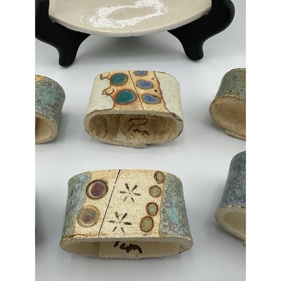 Vintage Hand Made Ceramic Slab Formed Bowl w/ 6 Naplin Rings 1998 Blue Cream - Picture 6 of 10